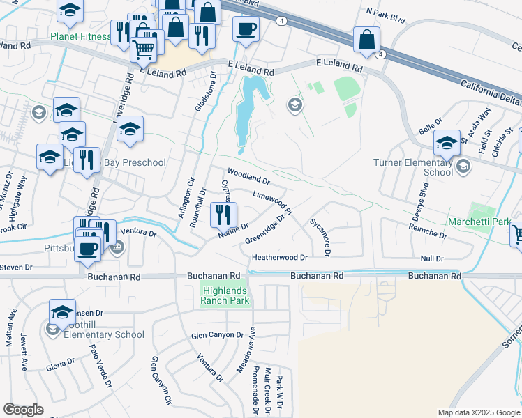map of restaurants, bars, coffee shops, grocery stores, and more near 1637 Norine Drive in Pittsburg