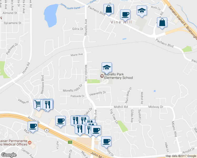 map of restaurants, bars, coffee shops, grocery stores, and more near 137 Loire Court in Martinez