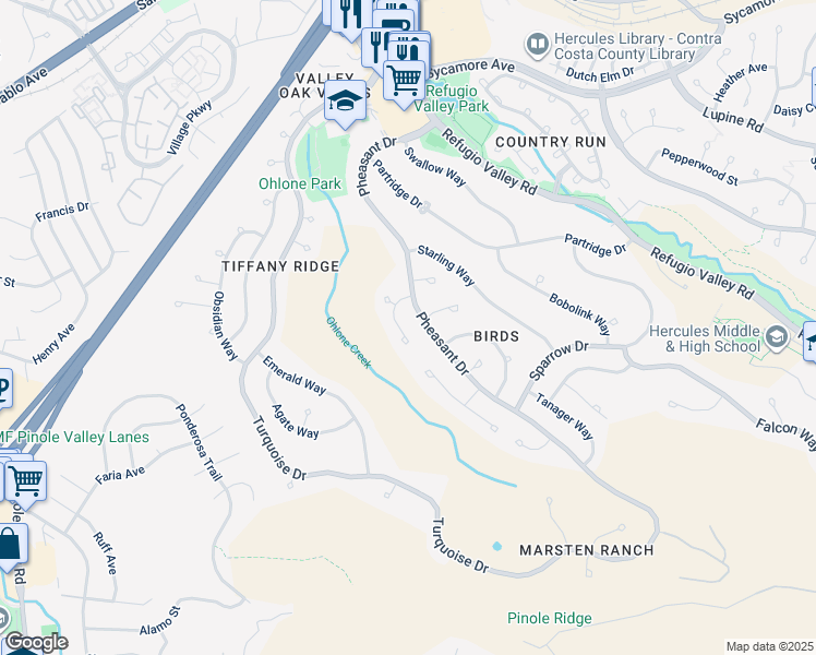 map of restaurants, bars, coffee shops, grocery stores, and more near 157 Eagle Court in Hercules