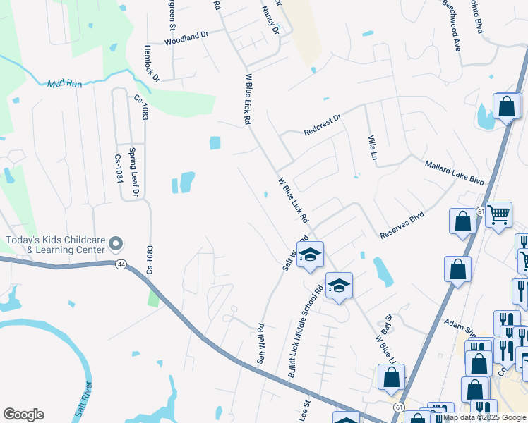 map of restaurants, bars, coffee shops, grocery stores, and more near 55-66 Blue Lier Road in Shepherdsville