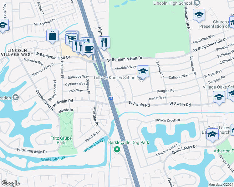 map of restaurants, bars, coffee shops, grocery stores, and more near 2919 Fisher Court in Stockton