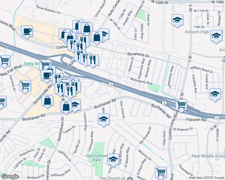 map of restaurants, bars, coffee shops, grocery stores, and more near 1910 San Jose Drive in Antioch