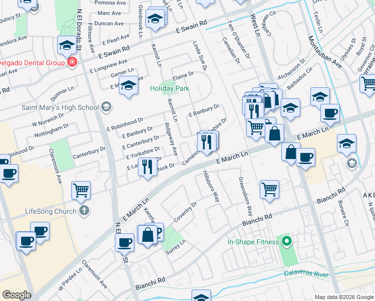 map of restaurants, bars, coffee shops, grocery stores, and more near 515 Camanche Lane in Stockton