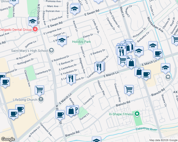 map of restaurants, bars, coffee shops, grocery stores, and more near 613 Camanche Lane in Stockton
