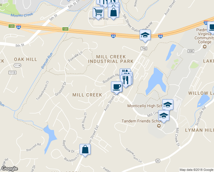 map of restaurants, bars, coffee shops, grocery stores, and more near 1372 Stoney Ridge Road in Charlottesville