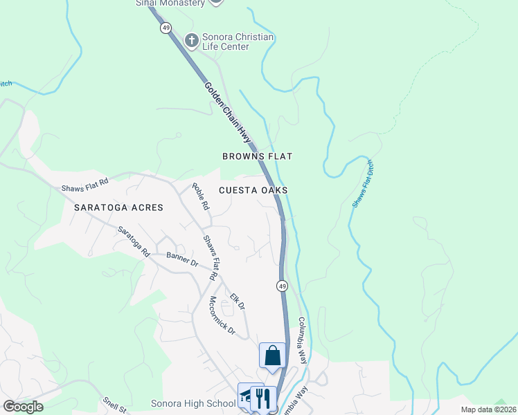 map of restaurants, bars, coffee shops, grocery stores, and more near 87 Briarwood Drive in Sonora