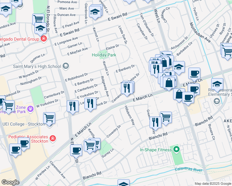 map of restaurants, bars, coffee shops, grocery stores, and more near 613 Camanche Lane in Stockton