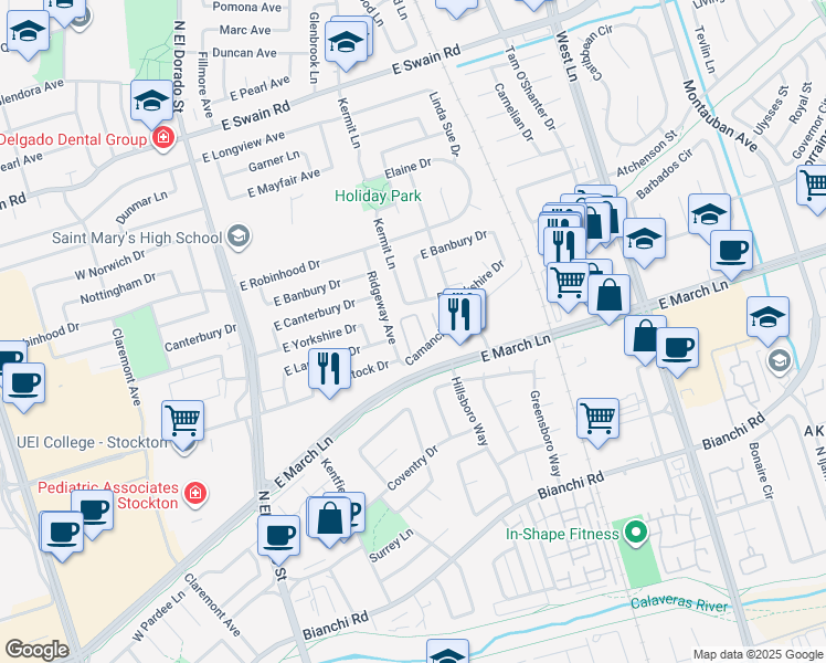 map of restaurants, bars, coffee shops, grocery stores, and more near 613 Camanche Lane in Stockton
