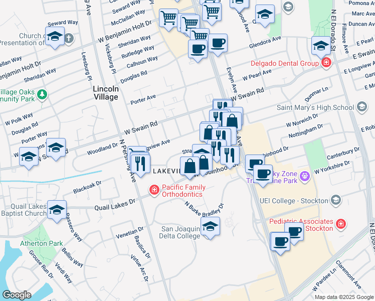 map of restaurants, bars, coffee shops, grocery stores, and more near 1150 Stratford Circle in Stockton