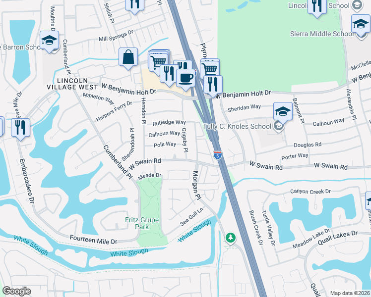 map of restaurants, bars, coffee shops, grocery stores, and more near 6119 Grigsby Place in Stockton