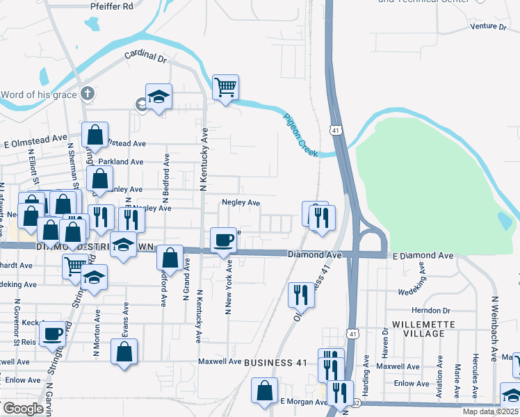 map of restaurants, bars, coffee shops, grocery stores, and more near 1212 Negley Avenue in Evansville