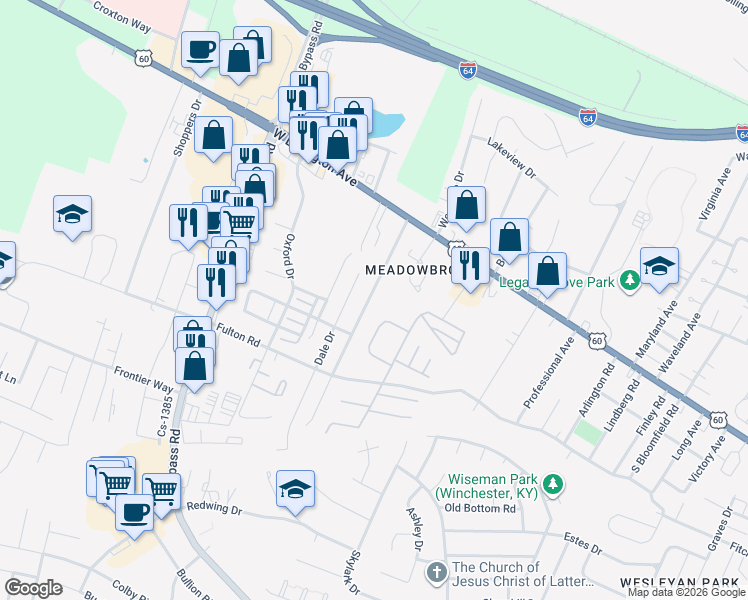 map of restaurants, bars, coffee shops, grocery stores, and more near 3484 Stamper Drive in Winchester