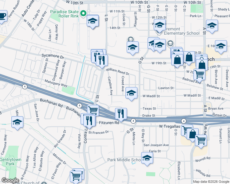 map of restaurants, bars, coffee shops, grocery stores, and more near 105 Campbell Avenue in Antioch