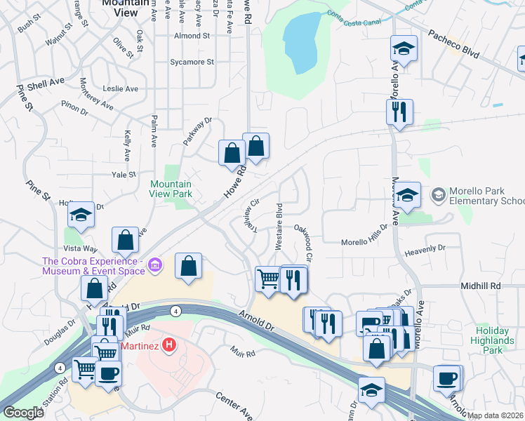 map of restaurants, bars, coffee shops, grocery stores, and more near 508 Valley View Court in Martinez