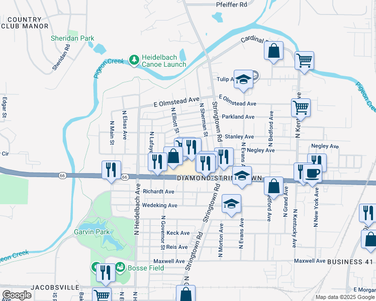map of restaurants, bars, coffee shops, grocery stores, and more near 508 Negley Avenue in Evansville