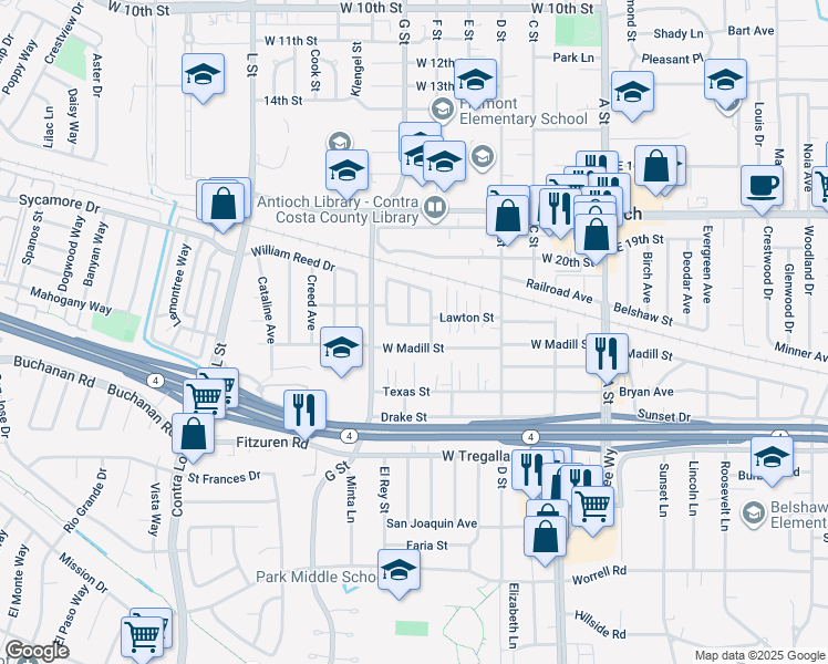map of restaurants, bars, coffee shops, grocery stores, and more near 168 Russell Drive in Antioch