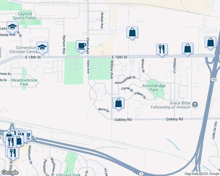 map of restaurants, bars, coffee shops, grocery stores, and more near 2128 Willow Avenue in Antioch