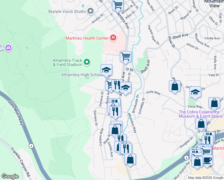 map of restaurants, bars, coffee shops, grocery stores, and more near 321 F Street in Martinez