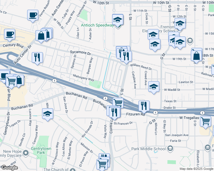map of restaurants, bars, coffee shops, grocery stores, and more near in Antioch