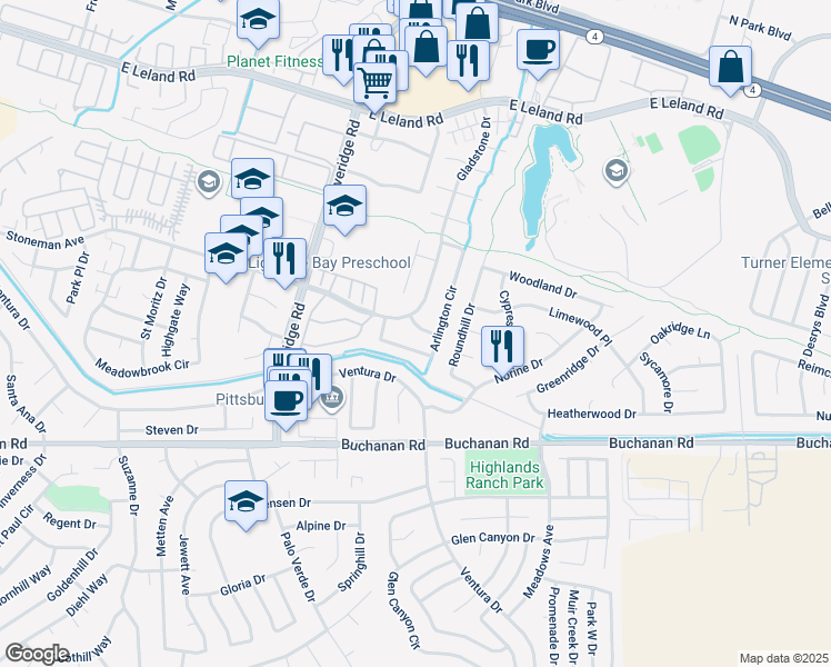 map of restaurants, bars, coffee shops, grocery stores, and more near 1486 Waverly Way in Pittsburg