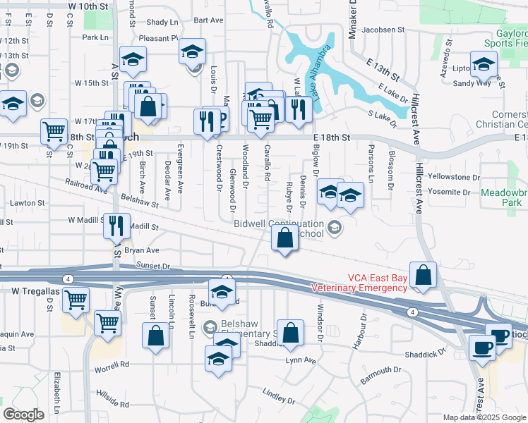 map of restaurants, bars, coffee shops, grocery stores, and more near 2008 Cavallo Road in Antioch