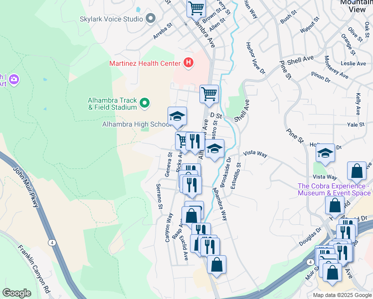 map of restaurants, bars, coffee shops, grocery stores, and more near 321 F Street in Martinez