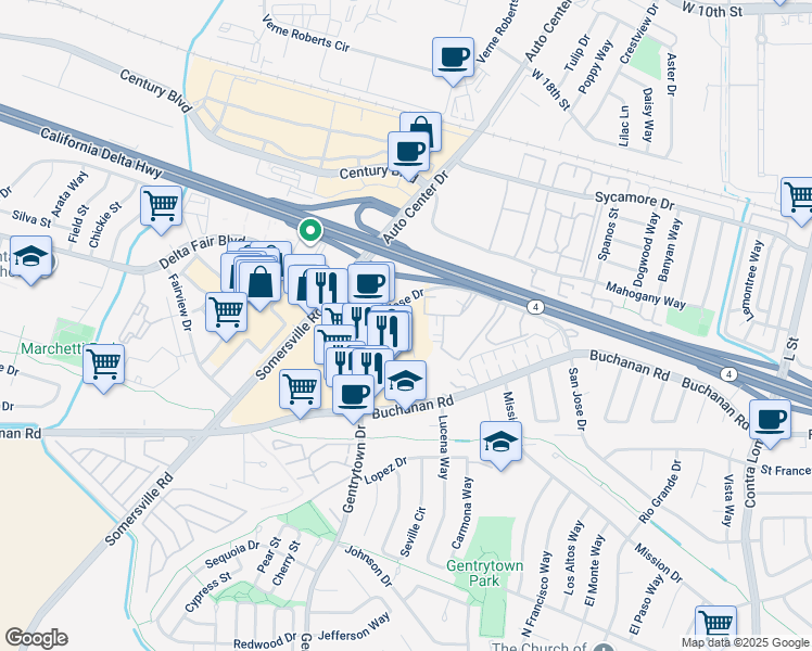 map of restaurants, bars, coffee shops, grocery stores, and more near 2830 Delta Fair Boulevard in Antioch