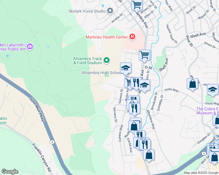 map of restaurants, bars, coffee shops, grocery stores, and more near 90 F Street in Martinez