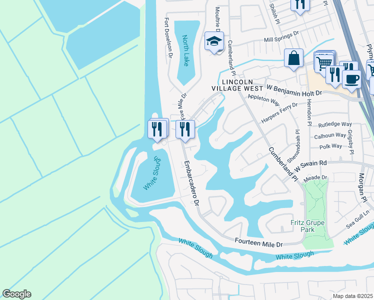 map of restaurants, bars, coffee shops, grocery stores, and more near 6536 Embarcadero Drive in Stockton