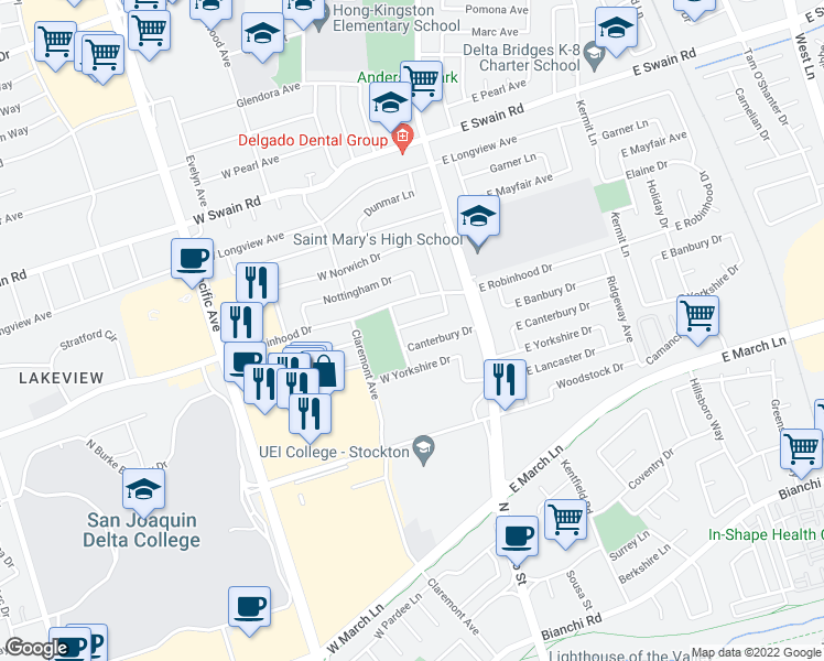 map of restaurants, bars, coffee shops, grocery stores, and more near 16 West Banbury Drive in Stockton
