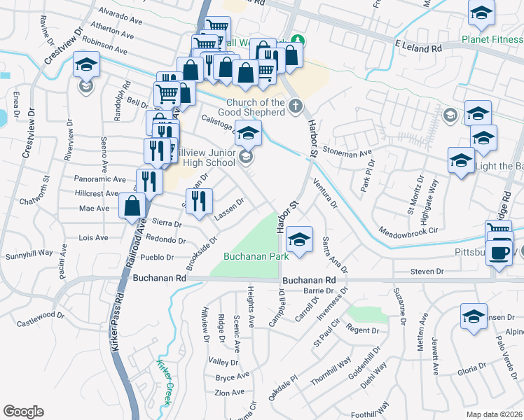 map of restaurants, bars, coffee shops, grocery stores, and more near 3795 Brookside Drive in Pittsburg