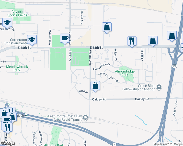 map of restaurants, bars, coffee shops, grocery stores, and more near 2125 Willow Avenue in Antioch