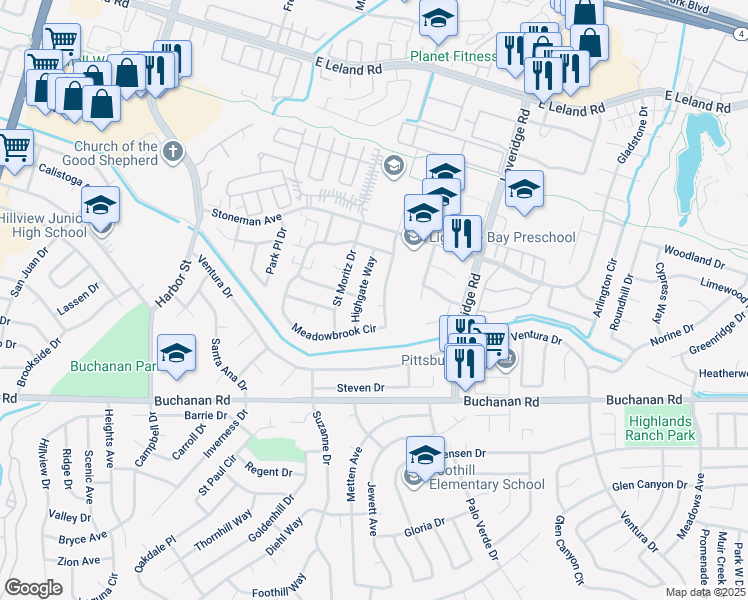 map of restaurants, bars, coffee shops, grocery stores, and more near 3931 Highgate Way in Pittsburg