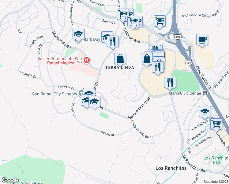 map of restaurants, bars, coffee shops, grocery stores, and more near 316 El Faisan Drive in San Rafael