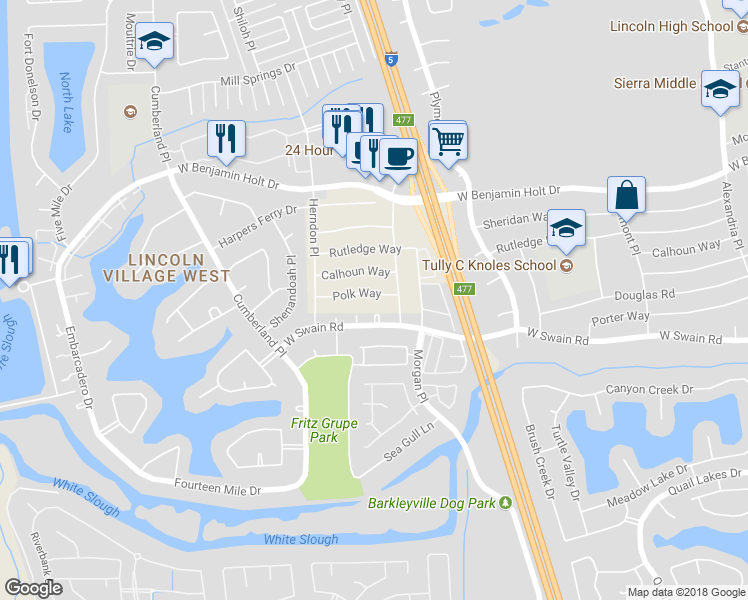 map of restaurants, bars, coffee shops, grocery stores, and more near 3130 Polk Way in Stockton