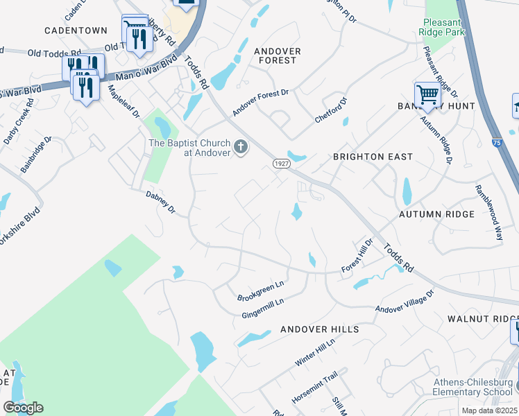 map of restaurants, bars, coffee shops, grocery stores, and more near 3525 Hunters Green Way in Lexington