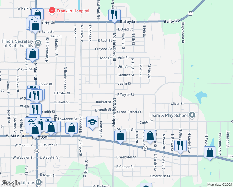 map of restaurants, bars, coffee shops, grocery stores, and more near 502 Mcleansboro Street in Benton