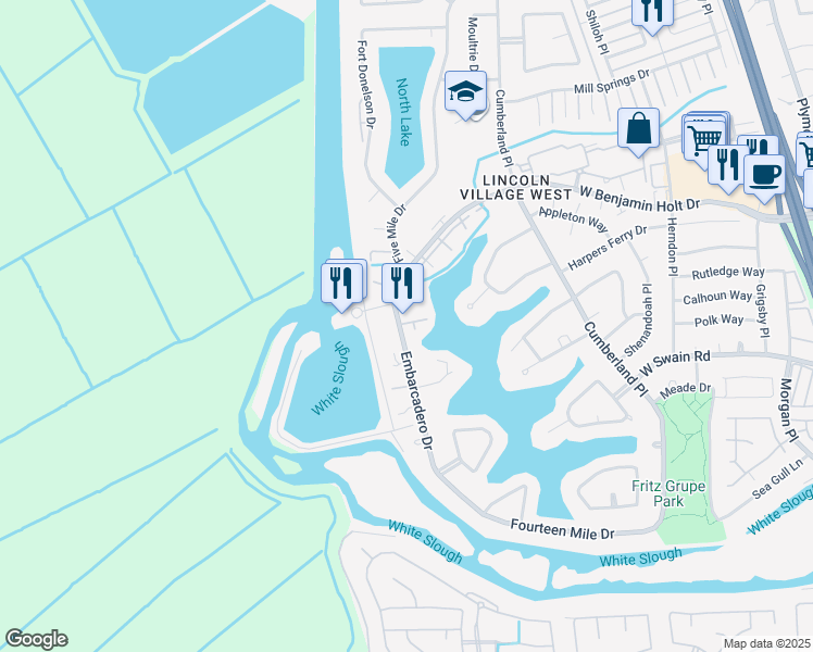 map of restaurants, bars, coffee shops, grocery stores, and more near 6536 Embarcadero Drive in Stockton