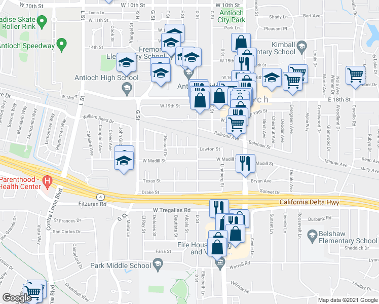 map of restaurants, bars, coffee shops, grocery stores, and more near 306 West Madill Street in Antioch