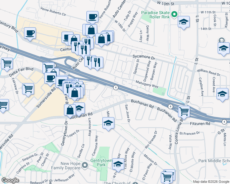 map of restaurants, bars, coffee shops, grocery stores, and more near 2005 San Jose Drive in Antioch