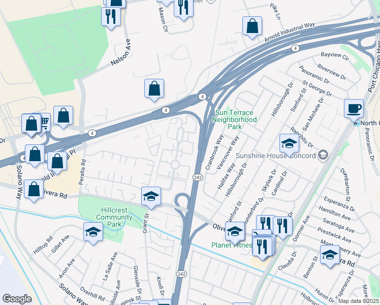 map of restaurants, bars, coffee shops, grocery stores, and more near 3565 Northwood Drive in Concord