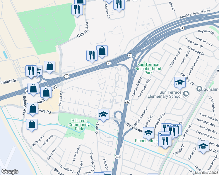 map of restaurants, bars, coffee shops, grocery stores, and more near 3530 Northwood Drive in Concord
