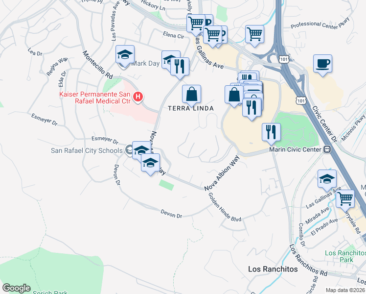 map of restaurants, bars, coffee shops, grocery stores, and more near 316 El Faisan Drive in San Rafael