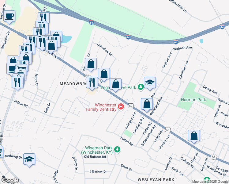 map of restaurants, bars, coffee shops, grocery stores, and more near 1202 West Lexington Avenue in Winchester