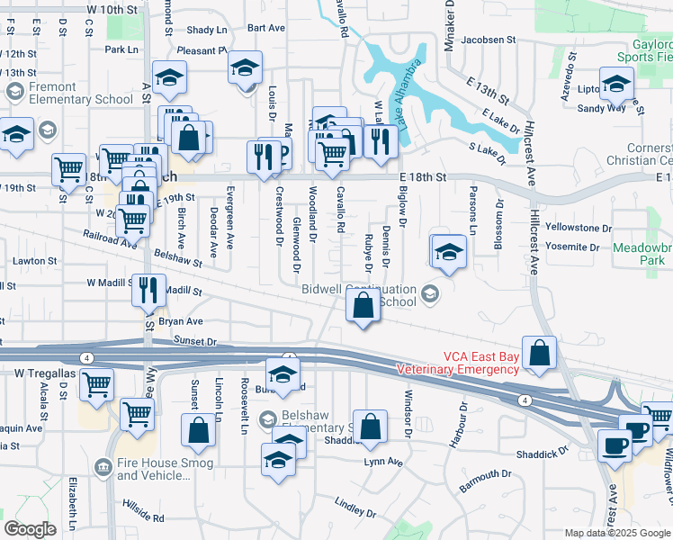 map of restaurants, bars, coffee shops, grocery stores, and more near 2008 Cavallo Road in Antioch