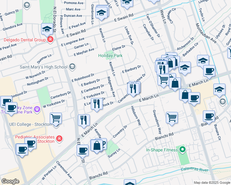 map of restaurants, bars, coffee shops, grocery stores, and more near 426 East Lancaster Drive in Stockton