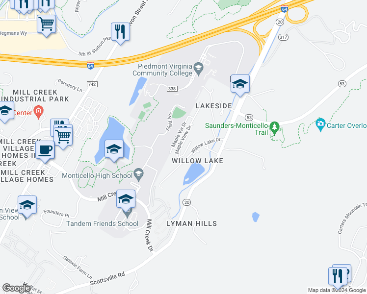 map of restaurants, bars, coffee shops, grocery stores, and more near 1263 Maple View Drive in Charlottesville