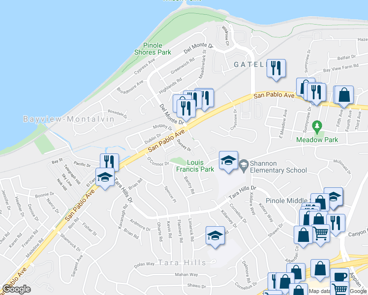map of restaurants, bars, coffee shops, grocery stores, and more near 601 Waterford Place in Pinole