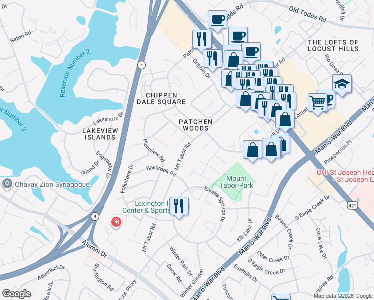 map of restaurants, bars, coffee shops, grocery stores, and more near 2813 Kasey Court in Lexington