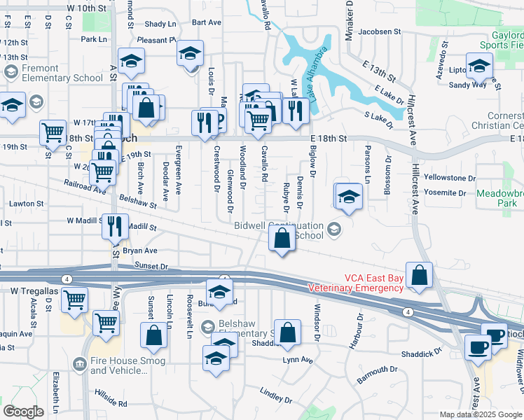 map of restaurants, bars, coffee shops, grocery stores, and more near 2008 Cavallo Road in Antioch